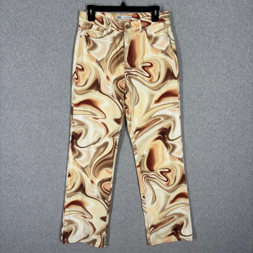 Zara Jeans 4 Cream Brown Button‎ Fly Swirls Marbled Psychedelic Abstract Cotton